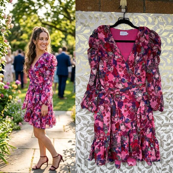 Tanya Taylor Dresses & Skirts - Tanya Taylor Pink Floral Silk-Look Wrap Dress Puff Sleeve Romantic Gardencore 12